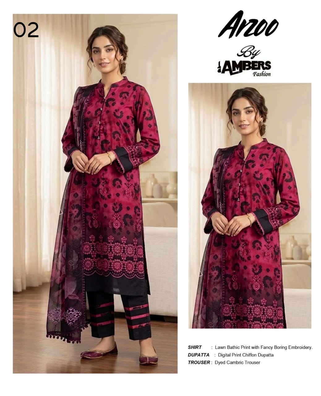 Arzoo Bathic Print Lawn With Fancy Boring Embroidery - 3 Piece Unstitched