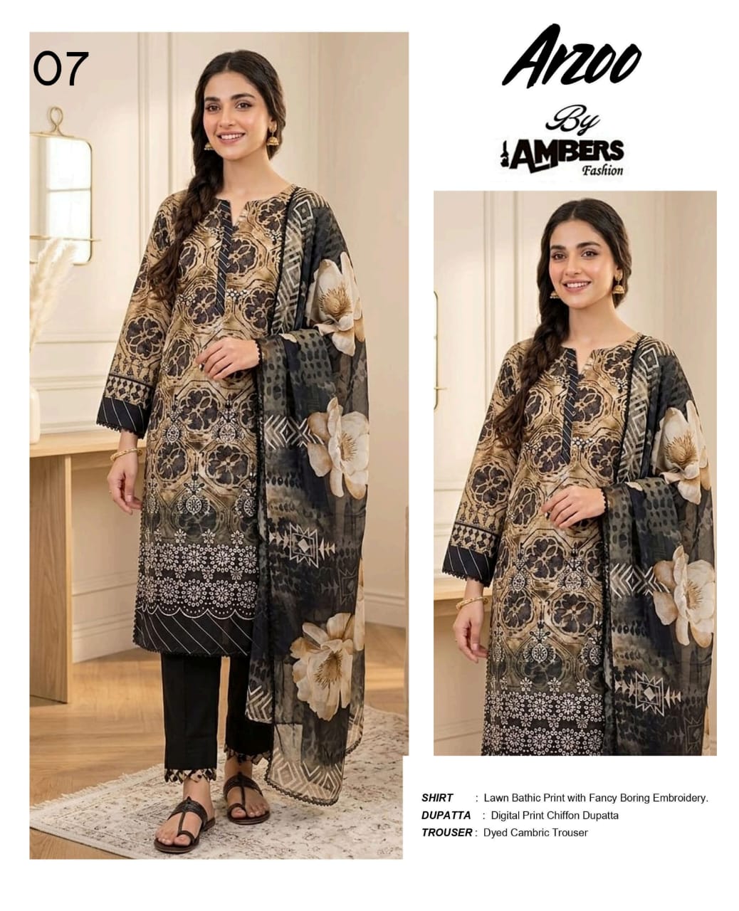 Arzoo Bathic Print Lawn With Fancy Boring Embroidery - 3 Piece Unstitched