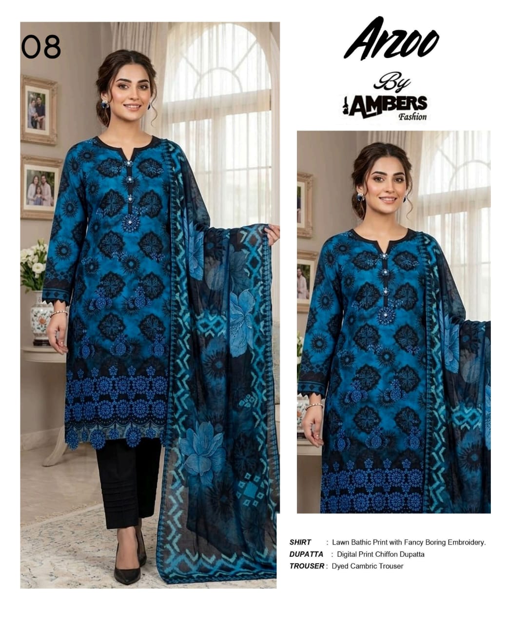 Arzoo Bathic Print Lawn With Fancy Boring Embroidery - 3 Piece Unstitched