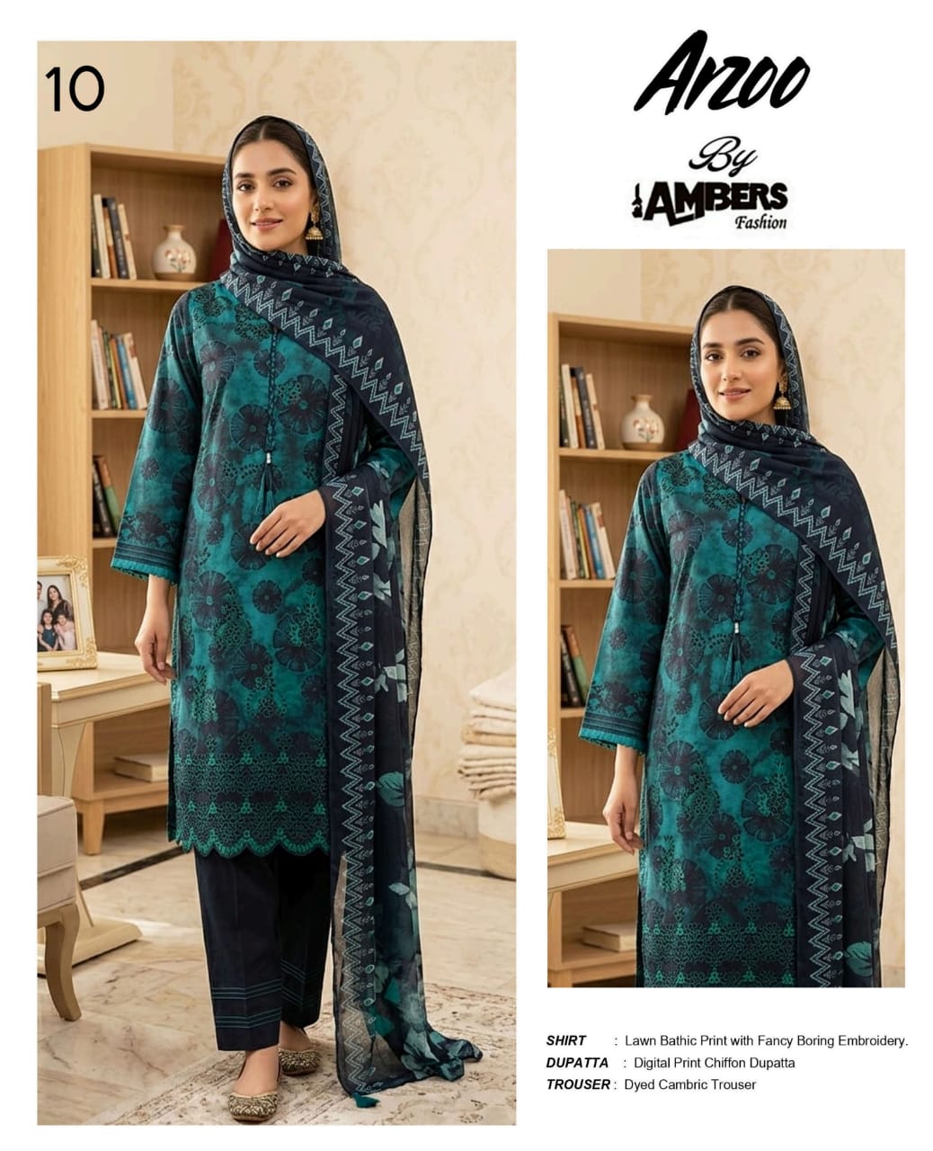 Arzoo Bathic Print Lawn With Fancy Boring Embroidery - 3 Piece Unstitched