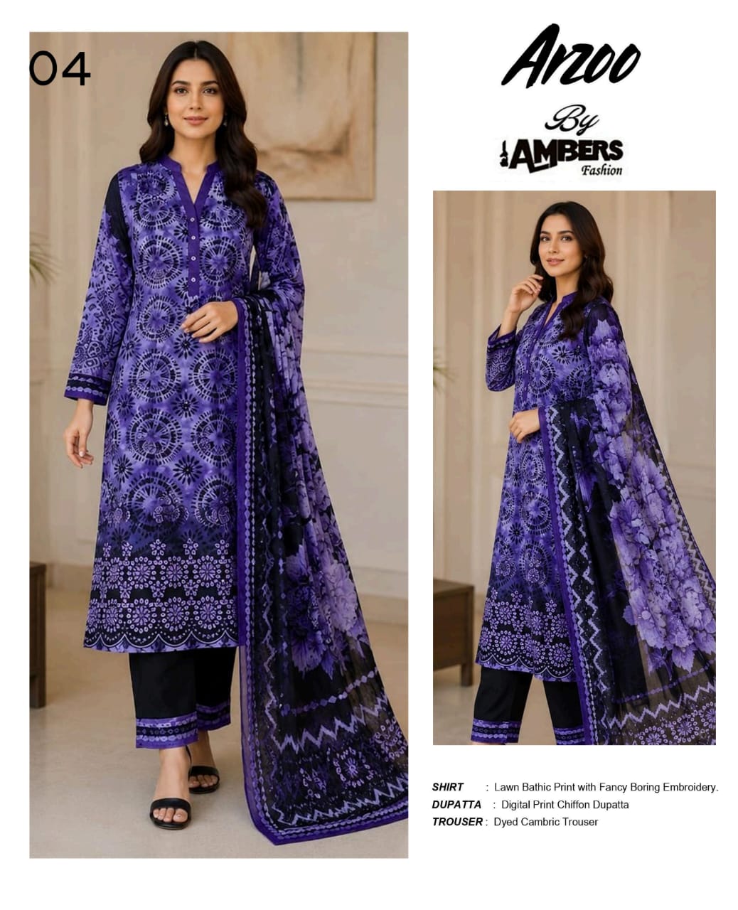 Arzoo Bathic Print Lawn With Fancy Boring Embroidery - 3 Piece Unstitched