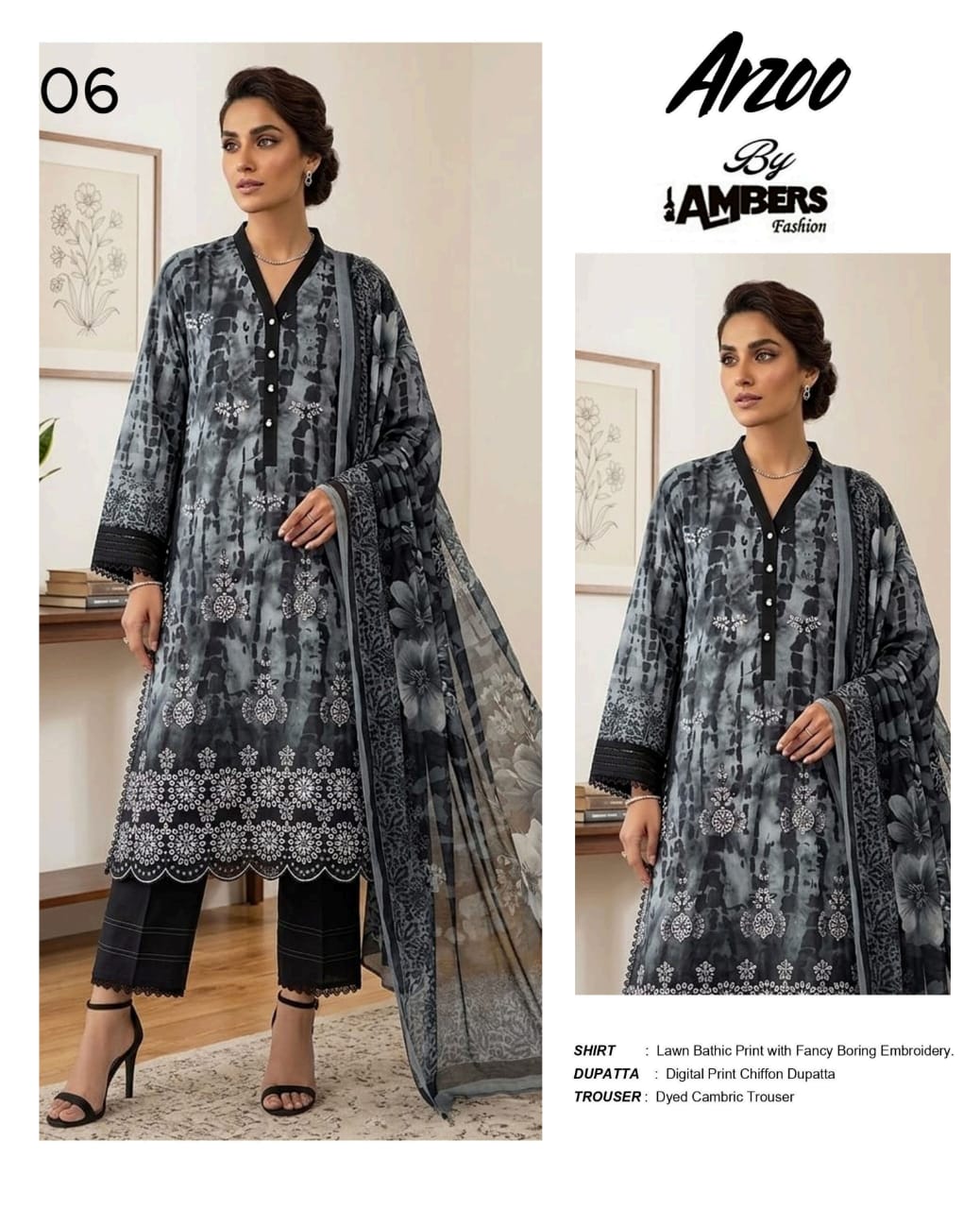Arzoo Bathic Print Lawn With Fancy Boring Embroidery - 3 Piece Unstitched