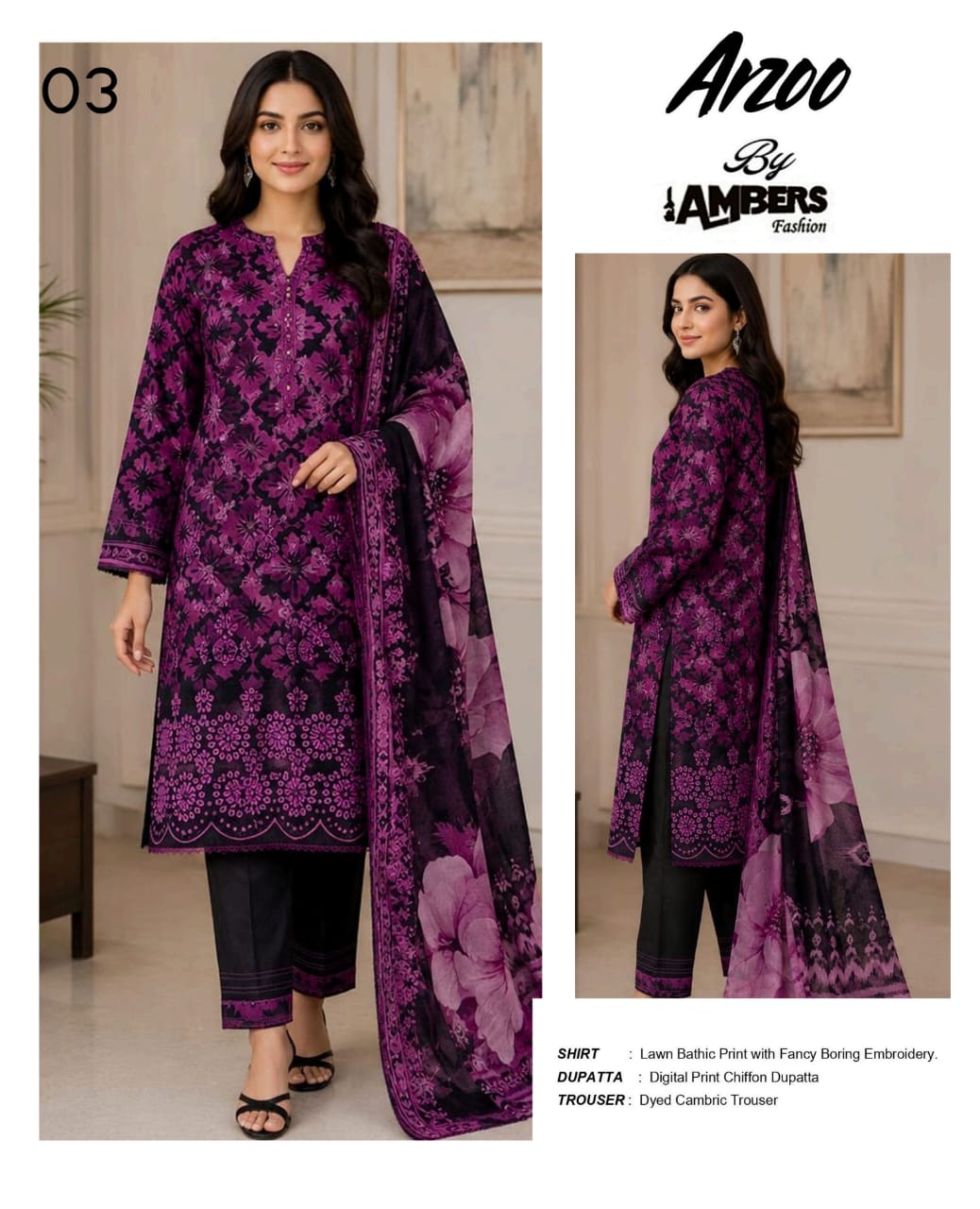 Arzoo Bathic Print Lawn With Fancy Boring Embroidery - 3 Piece Unstitched