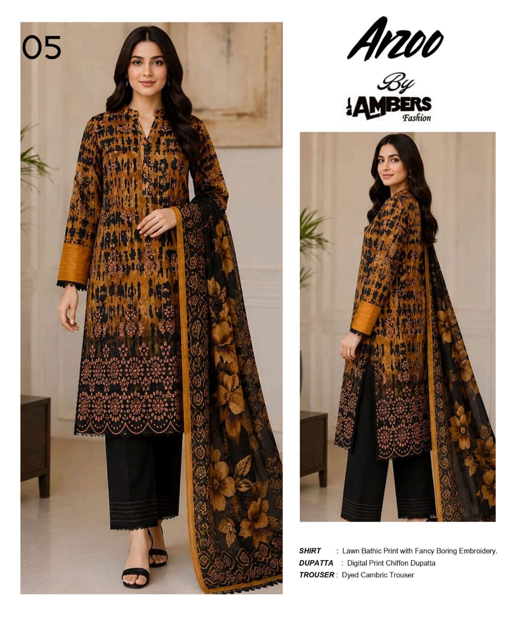 Arzoo Bathic Print Lawn With Fancy Boring Embroidery - 3 Piece Unstitched