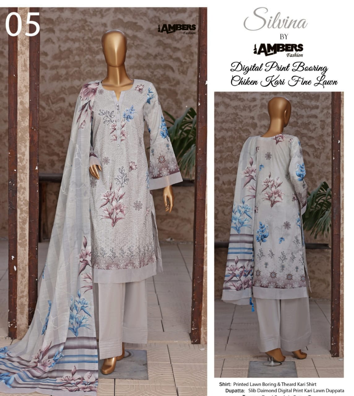 Silvina Digital Print Chikan Kari Fine Lawn - 3 Piece Unstitched