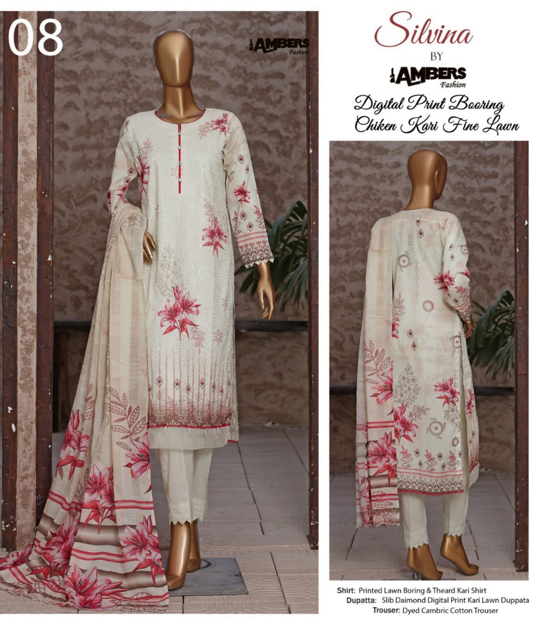 Silvina Digital Print Chikan Kari Fine Lawn - 3 Piece Unstitched