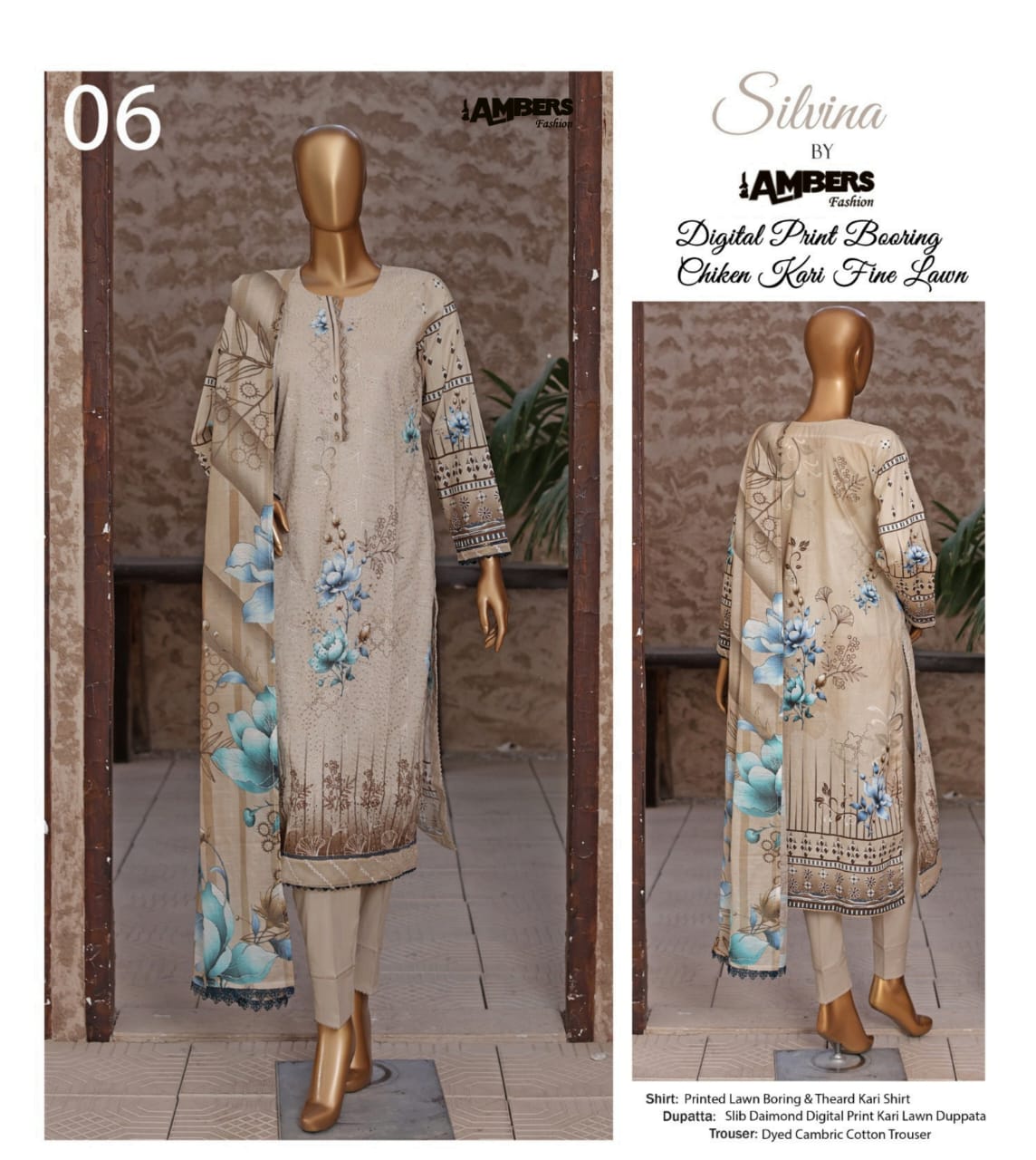 Silvina Digital Print Chikan Kari Fine Lawn - 3 Piece Unstitched