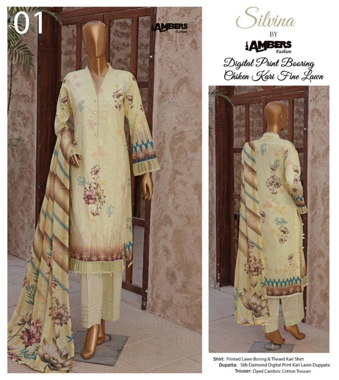 Silvina Digital Print Chikan Kari Fine Lawn - 3 Piece Unstitched