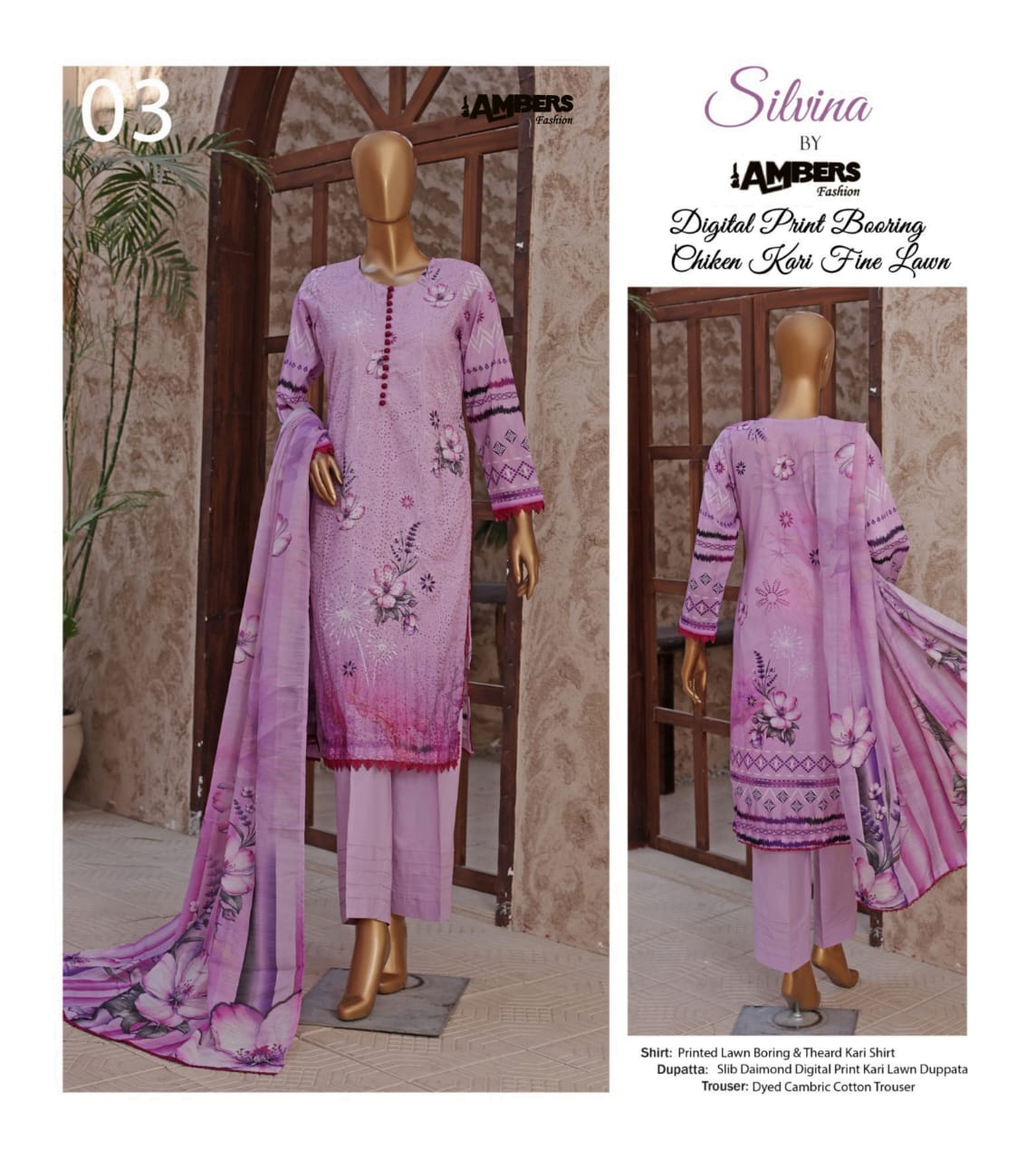 Silvina Digital Print Chikan Kari Fine Lawn - 3 Piece Unstitched