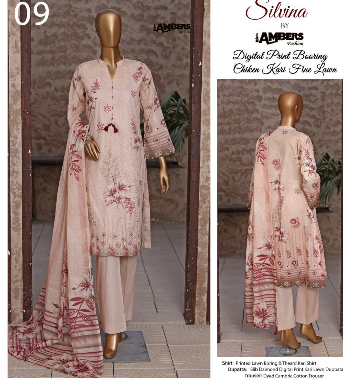 Silvina Digital Print Chikan Kari Fine Lawn - 3 Piece Unstitched