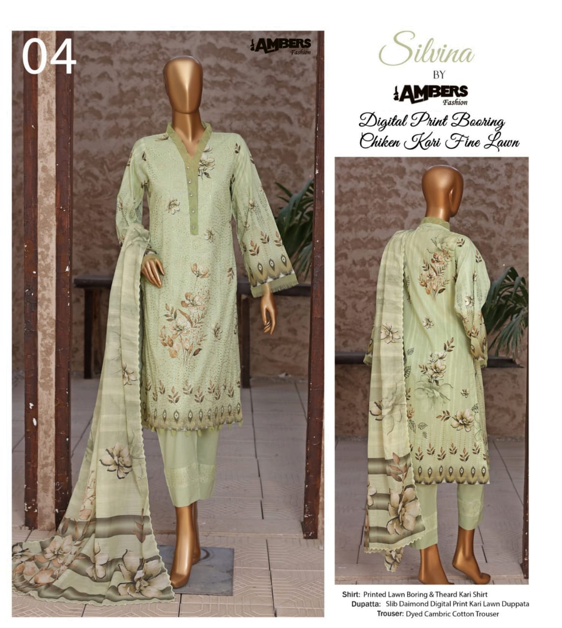 Silvina Digital Print Chikan Kari Fine Lawn - 3 Piece Unstitched