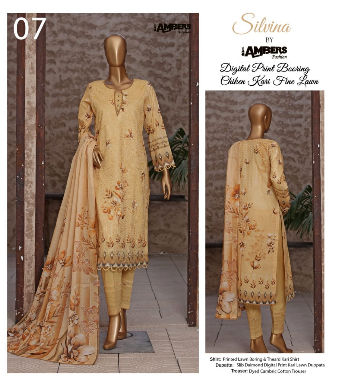 Silvina Digital Print Chikan Kari Fine Lawn - 3 Piece Unstitched