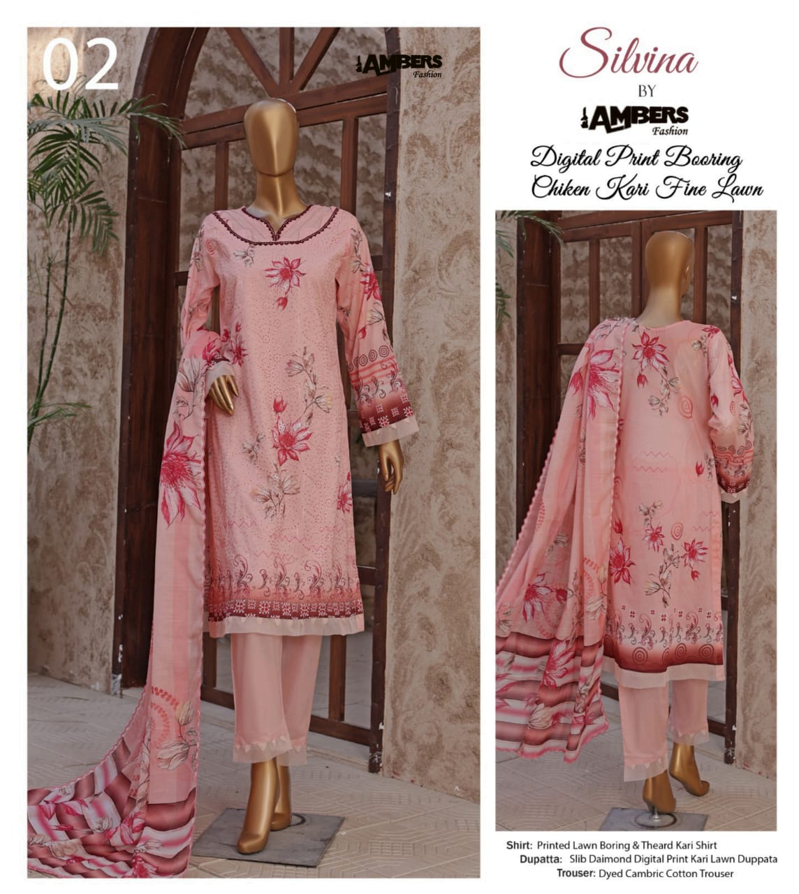 Silvina Digital Print Chikan Kari Fine Lawn - 3 Piece Unstitched