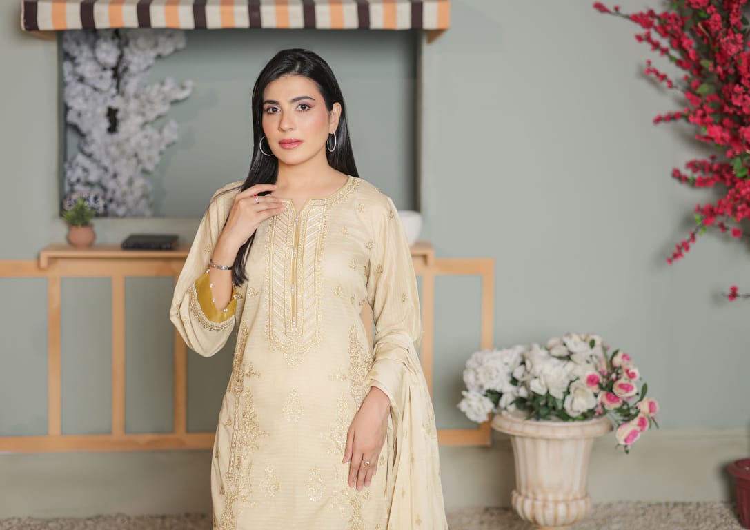 MIRAAS Chikankari Shirt With Jacquard Dupatta - 3 Piece Unstitched