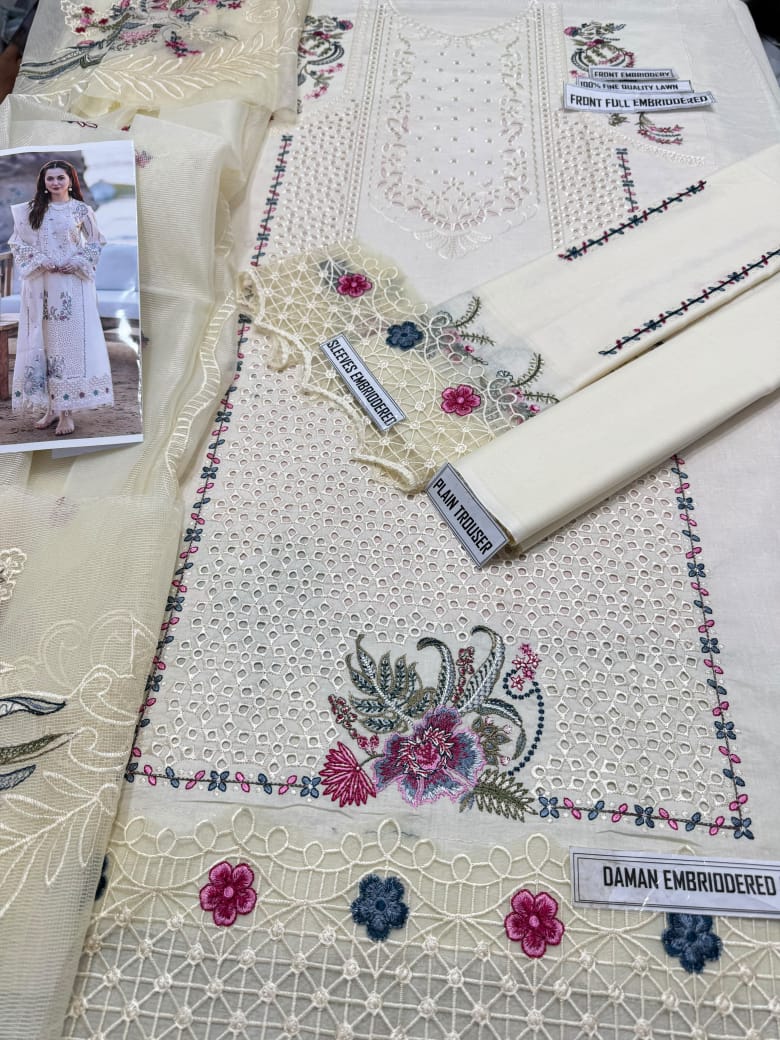 Qalamkar Heavy Chikankari Lawn 3-Piece Suit (Code: 702) – Embroidered Cotton Net Dupatta