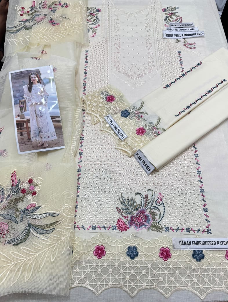 Qalamkar Heavy Chikankari Lawn 3-Piece Suit (Code: 702) – Embroidered Cotton Net Dupatta