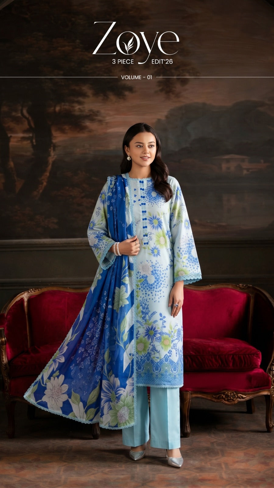 ZoYe Vol 1 Luxury Lawn 3-Piece Suit by GJ Fashion – Digital Printed with Organza Sequins Patch