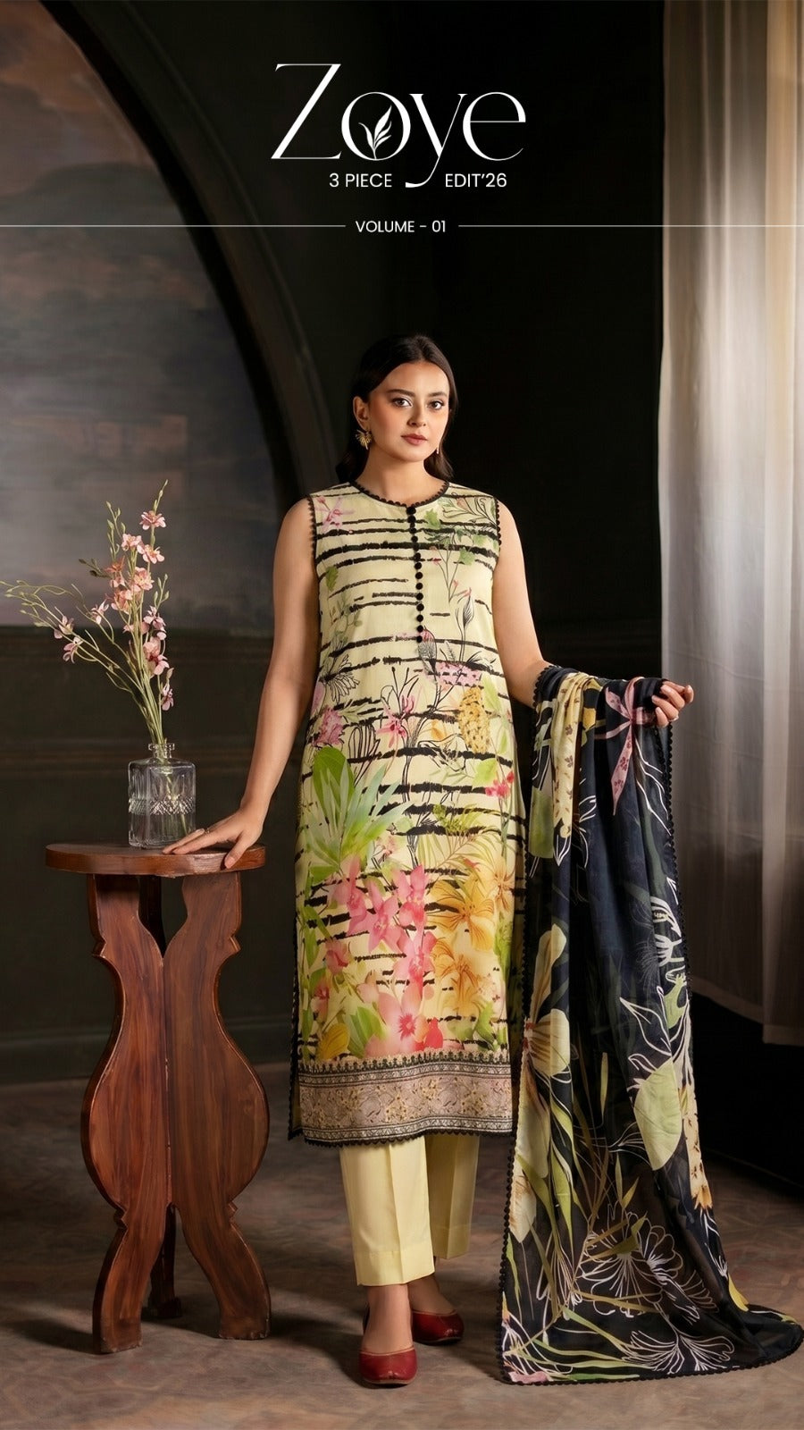 ZoYe Vol 1 Luxury Lawn 3-Piece Suit by GJ Fashion – Digital Printed with Organza Sequins Patch