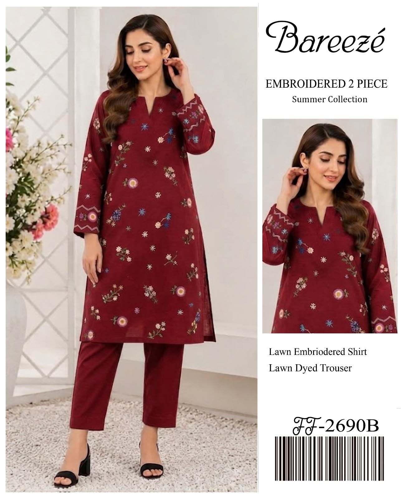 BAREEZE Embroidered Lawn 2 Piece Suit - Premium Airjet 90/70 Summer Collection
