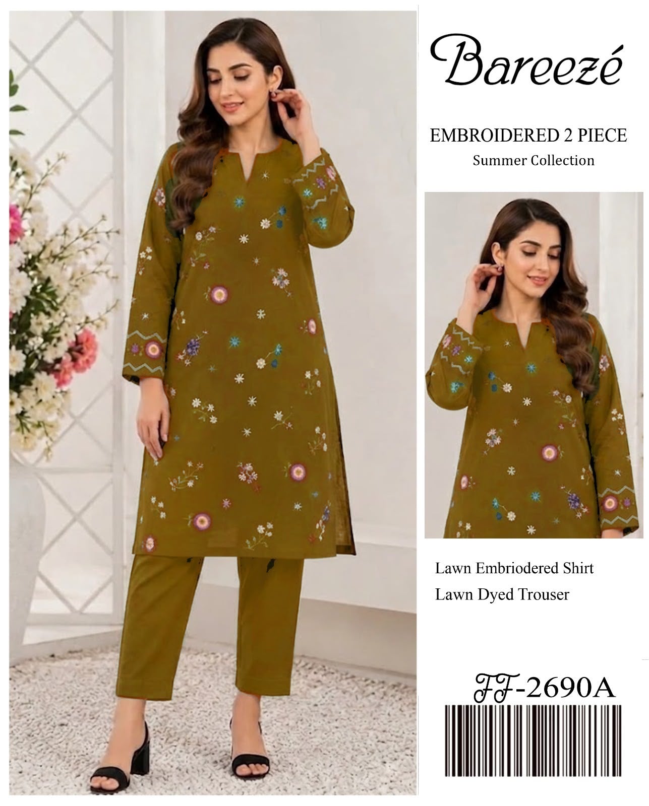 BAREEZE Embroidered Lawn 2 Piece Suit - Premium Airjet 90/70 Summer Collection