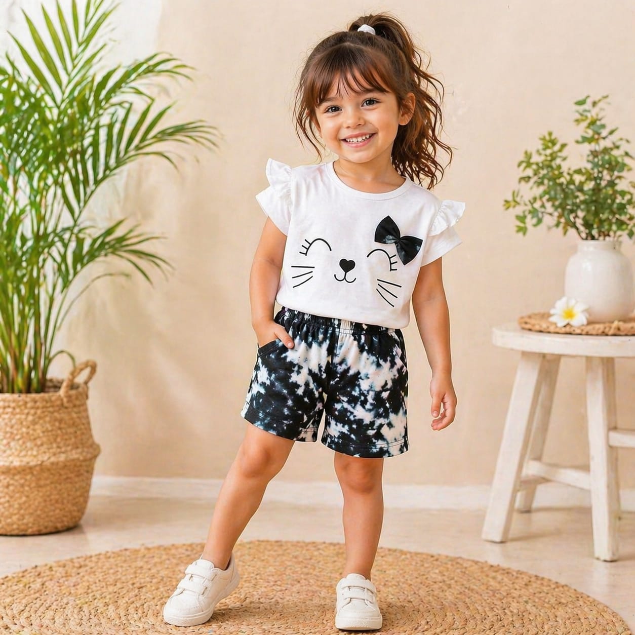 White Black Tie-And-Die Short Printed Kids Wear