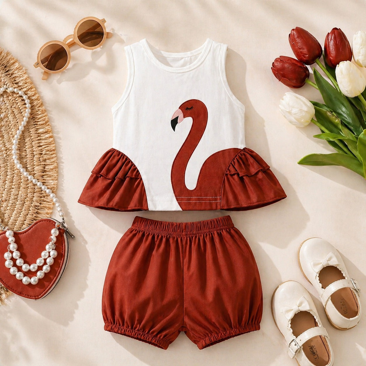 Brown Girls Premium Summer Co-Ord Set – Flamingo Print Sleeveless Top with Bubble Shorts