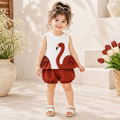 Brown Girls Premium Summer Co-Ord Set – Flamingo Print Sleeveless Top with Bubble Shorts