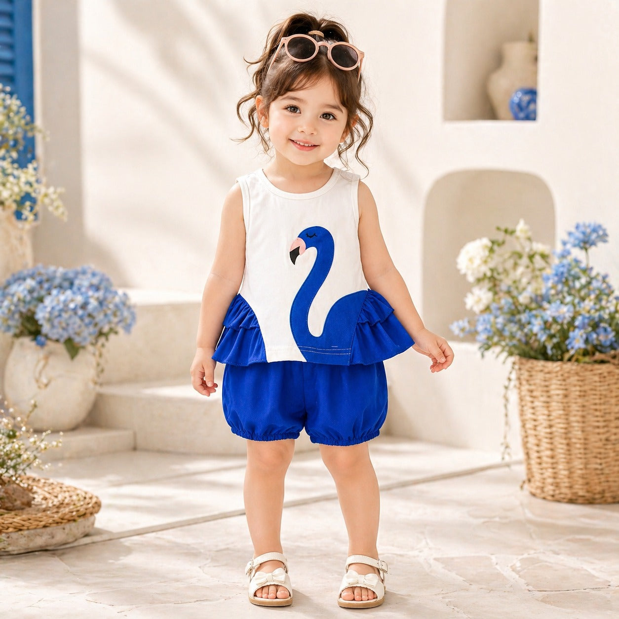 Blue Girls Premium Summer Co-Ord Set – Flamingo Print Sleeveless Top with Bubble Shorts
