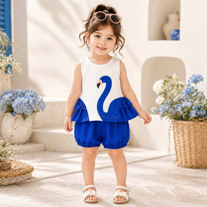 Blue Girls Premium Summer Co-Ord Set – Flamingo Print Sleeveless Top with Bubble Shorts