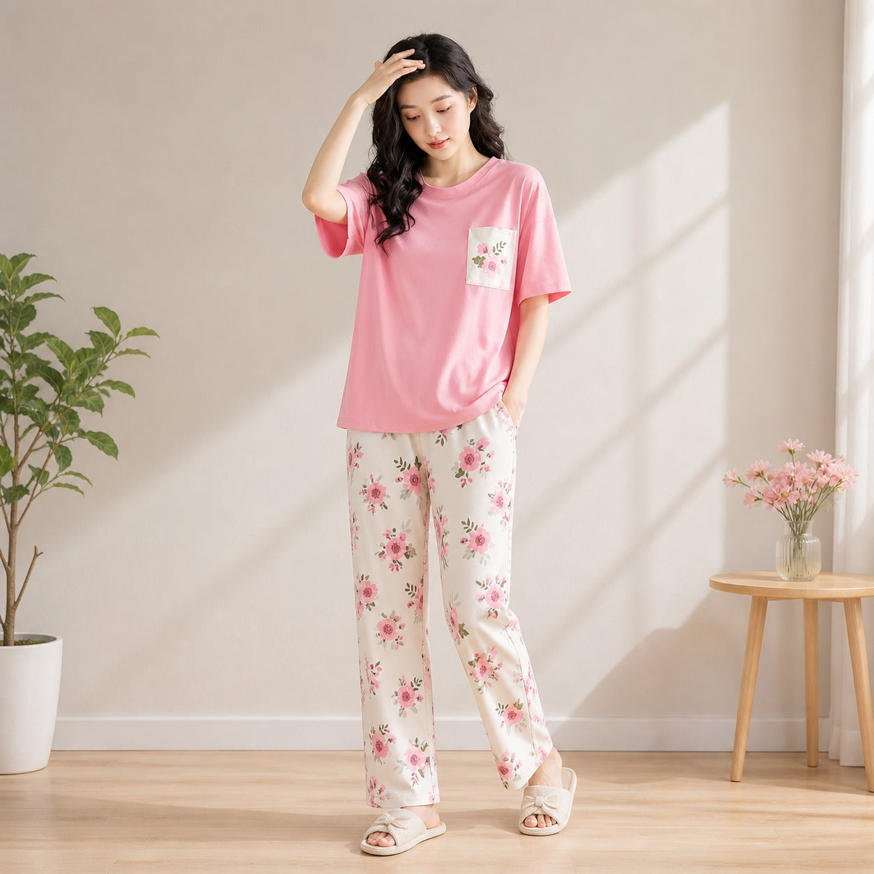Pink Flower Women Printed PJ Set