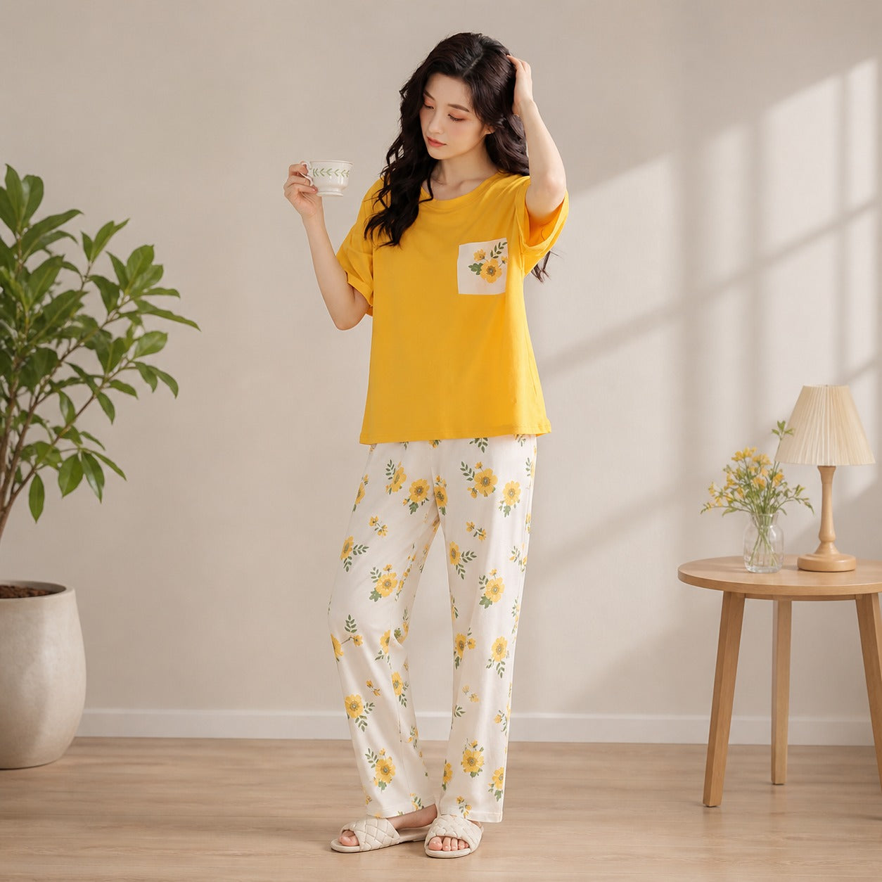 Yellow Flower Women Printed PJ Set