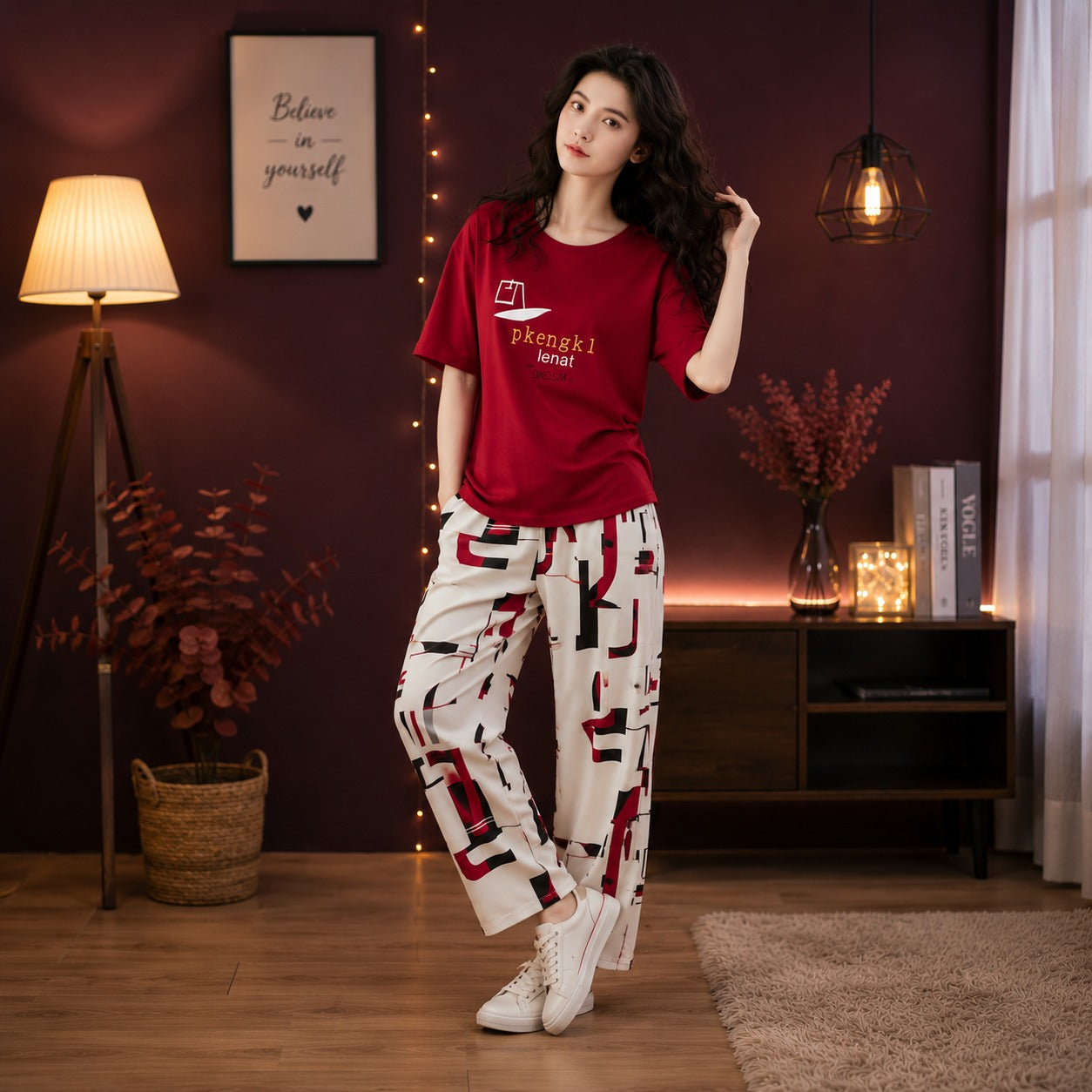 Red Pkneck Printed Lounge Wear