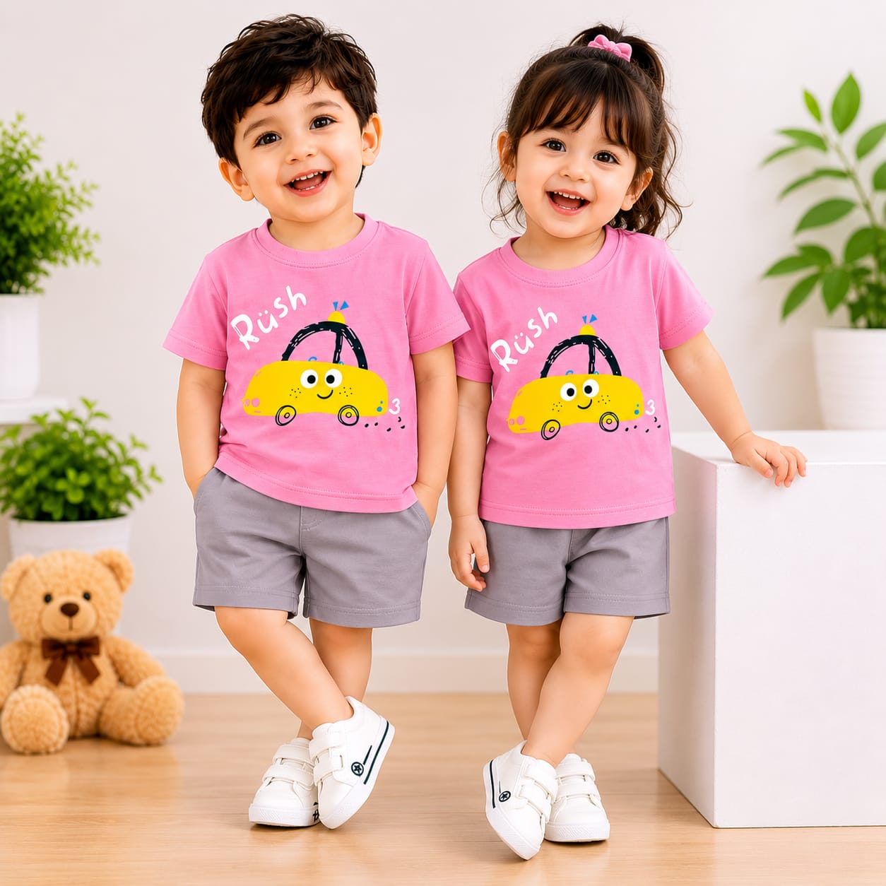 Pink Mini Car Printed Short Sleeve Kids Wear