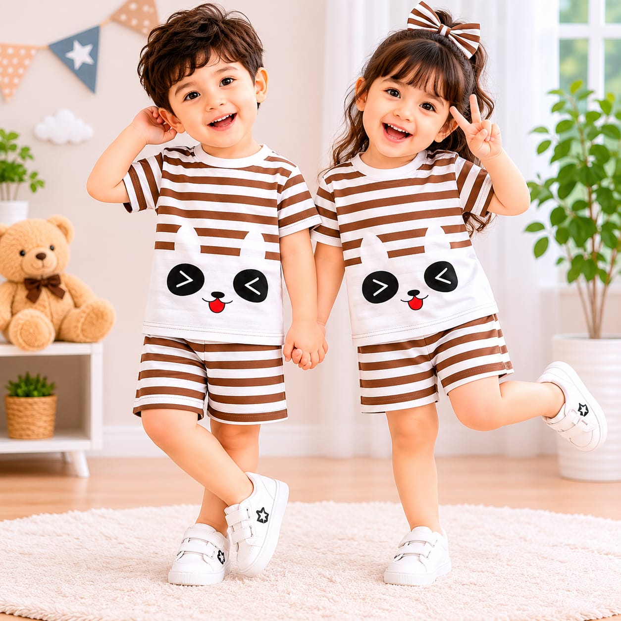 Kids Matching Panda Stripe Summer Outfit Set