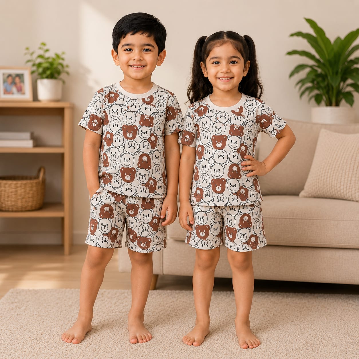 CUTE TEDDY BEAR PRINTED SHORT SLEEVE KIDS WEAR