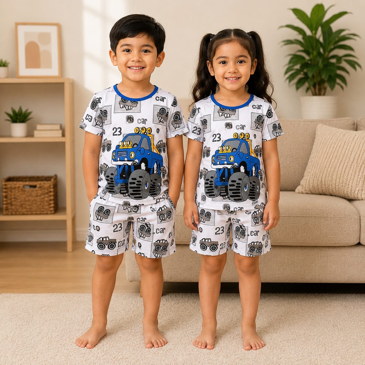 BLUE CAR PRINTED SHORT SLEEVE KIDS WEAR