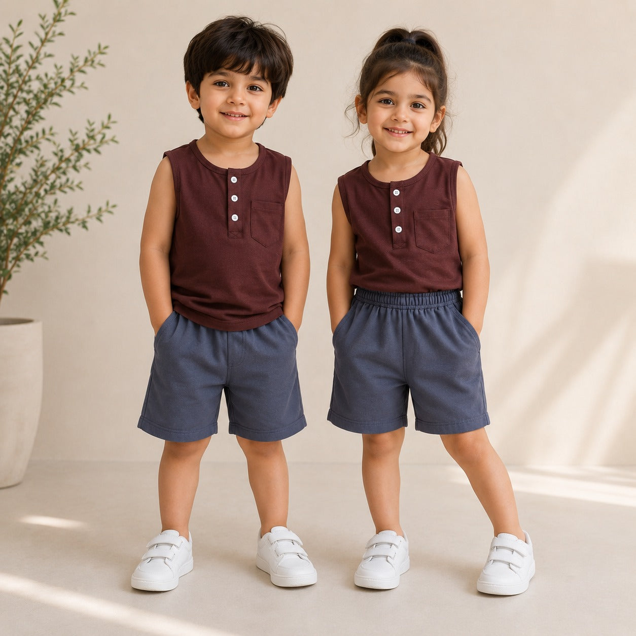 BROWN BUTTON HENLEY SLEEVELESS KIDS WEAR