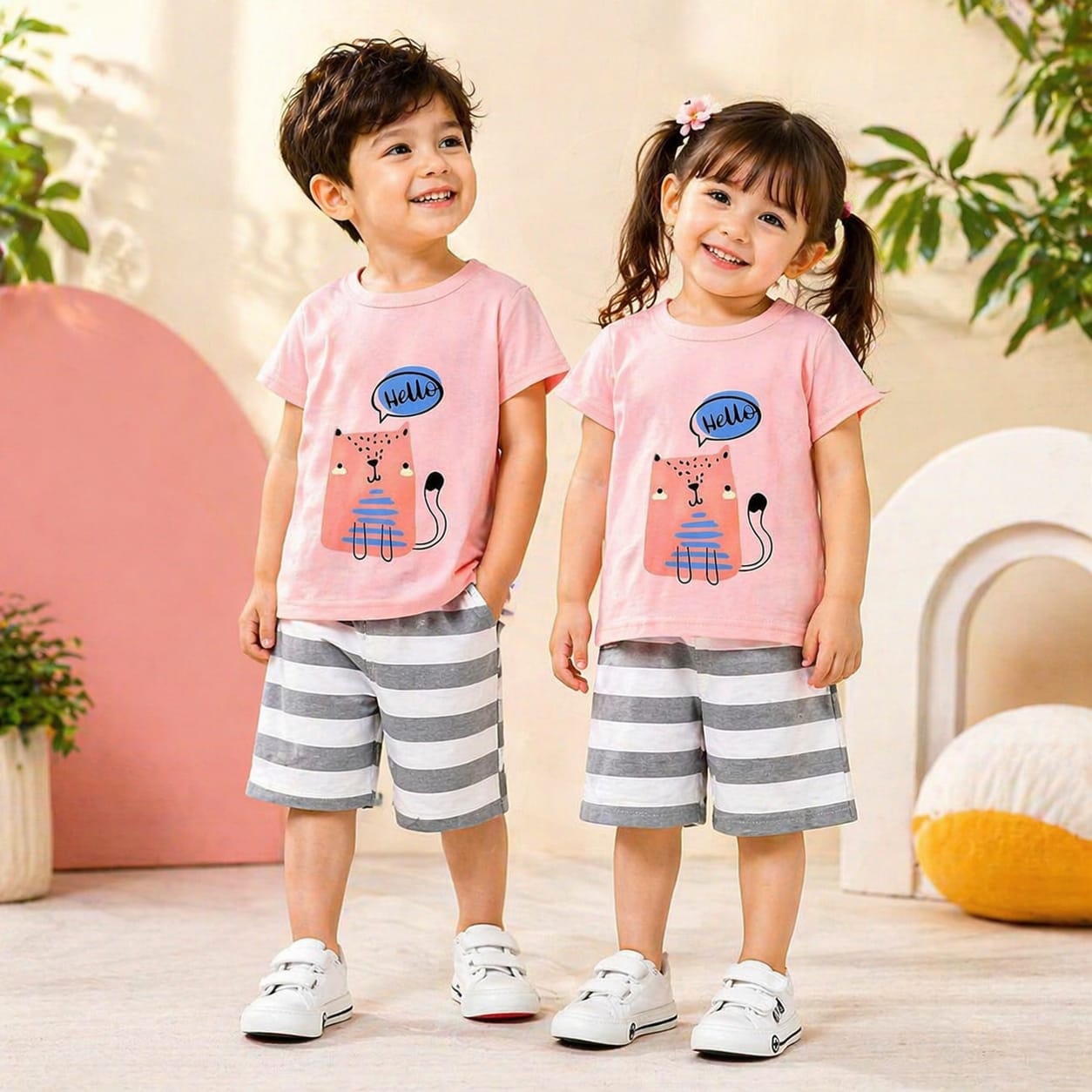 Kids Hello Cat Graphic T-Shirt & Striped Shorts Co-Ord Set