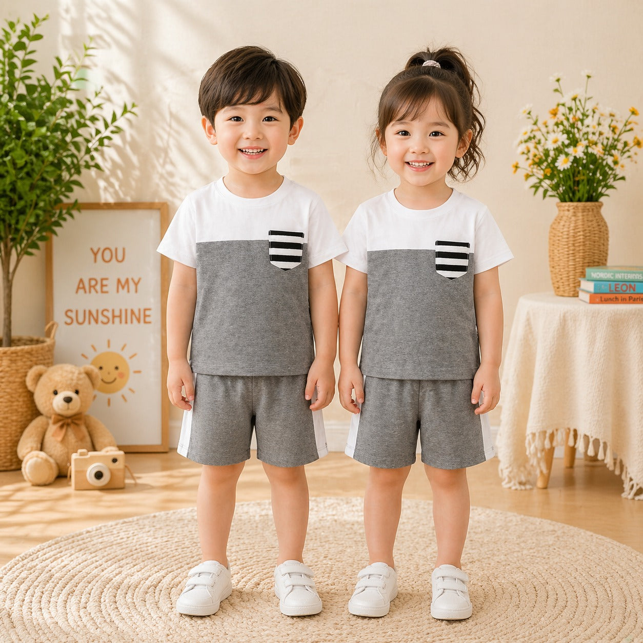 Kids Classic Pocket T-Shirt & Shorts Co-Ord Set – Grey & White