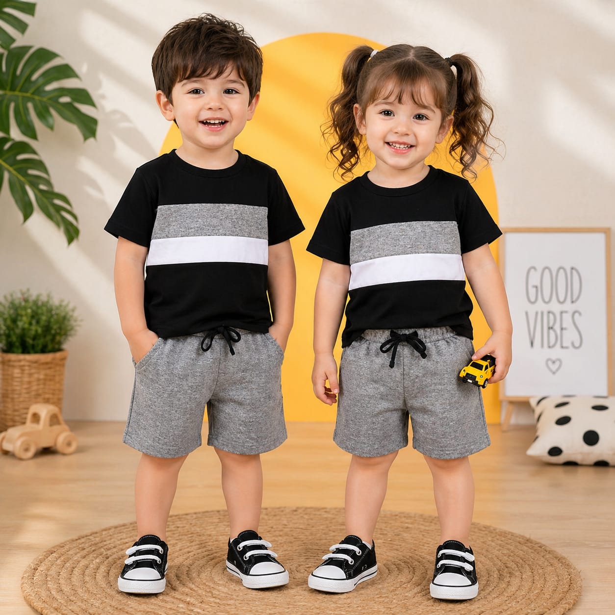 Kids Color Block T-Shirt & Drawstring Shorts Co-Ord Set – Black & Grey