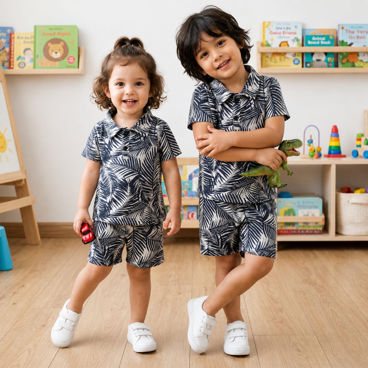 Kids Tropical Leaf Print Polo Shirt & Shorts Co-Ord Set – Navy Grey