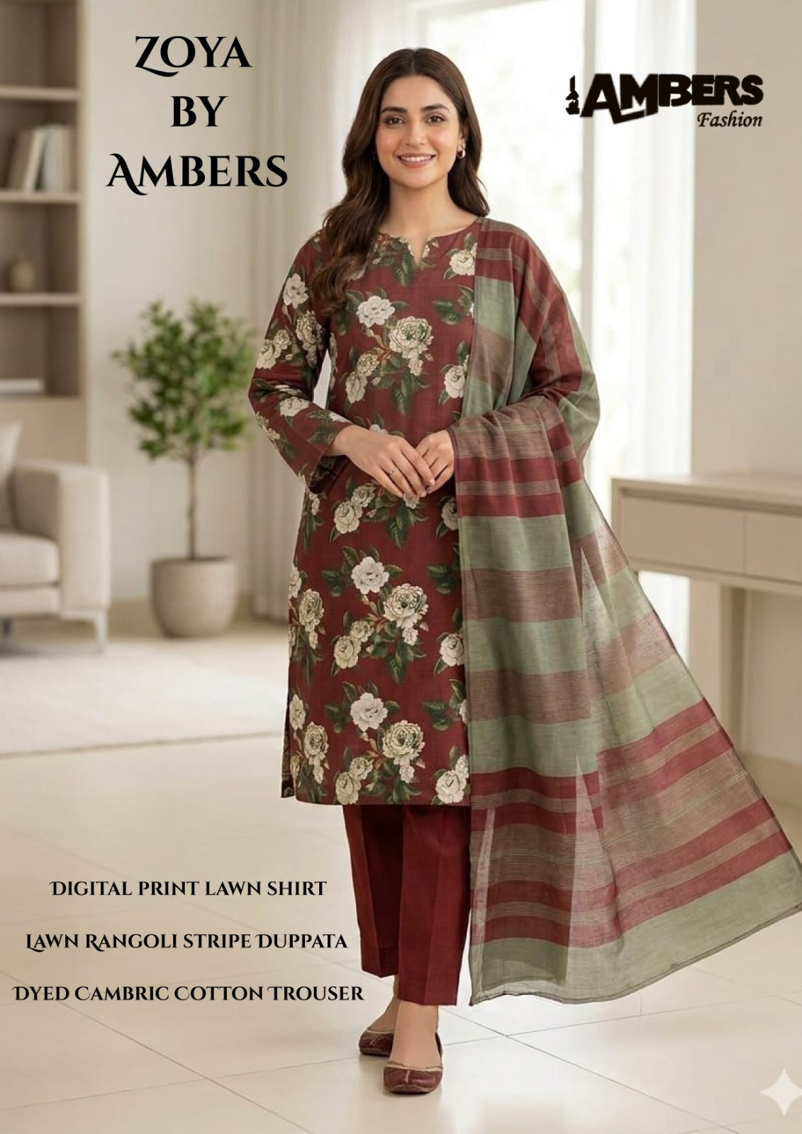 ZOYA Digital Print Lawn With Rangoli Stripe Dupatta - 3 Piece Unstitched