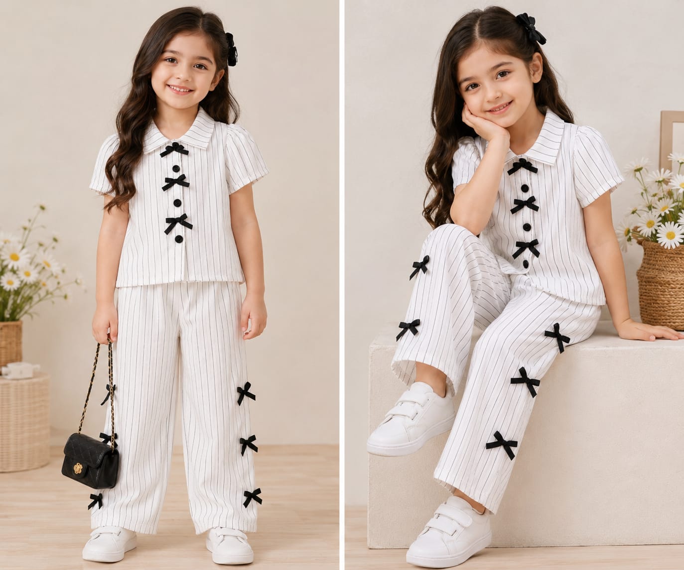 Girls Summer Striped Co-Ord Set – Soft Jersey Shirt & Trousers with Bow Details