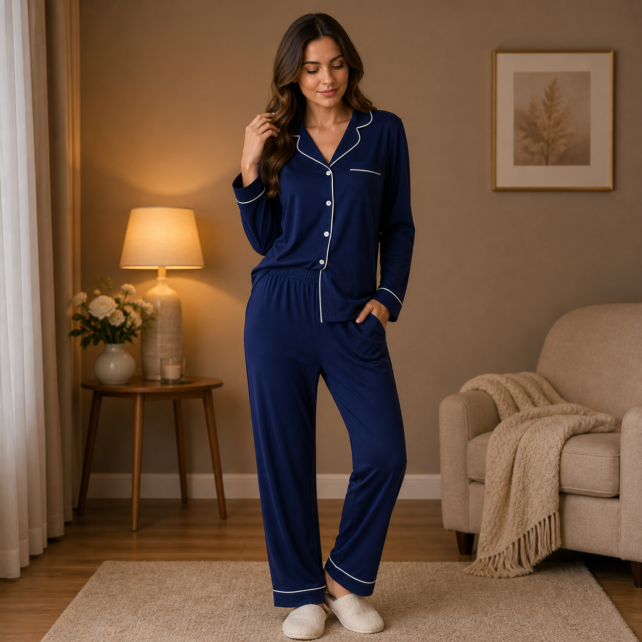 Women’s Navy Blue Luxury Button-Down Night Suit