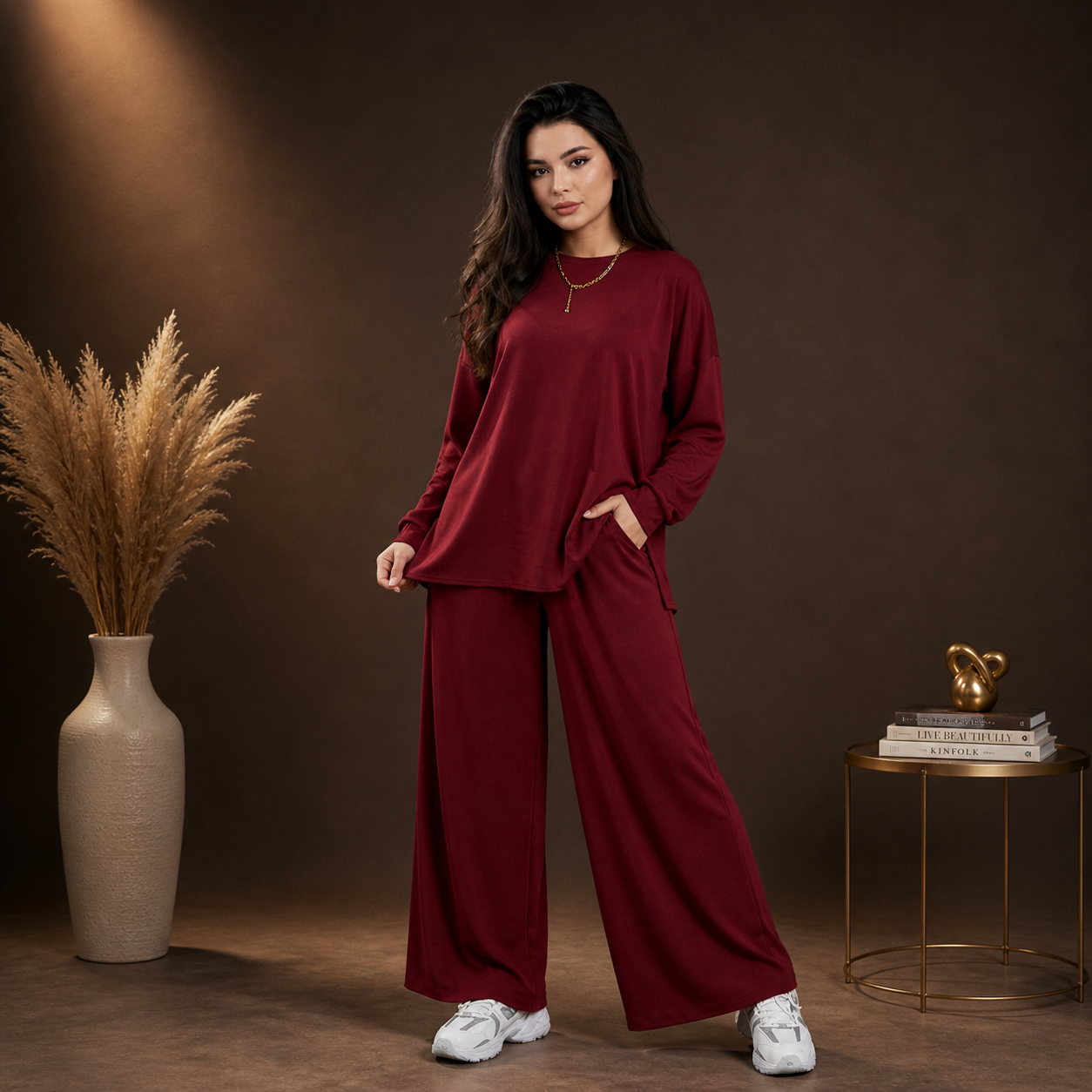 Women’s Maroon Relaxed Fit Lounge Co-Ord Set