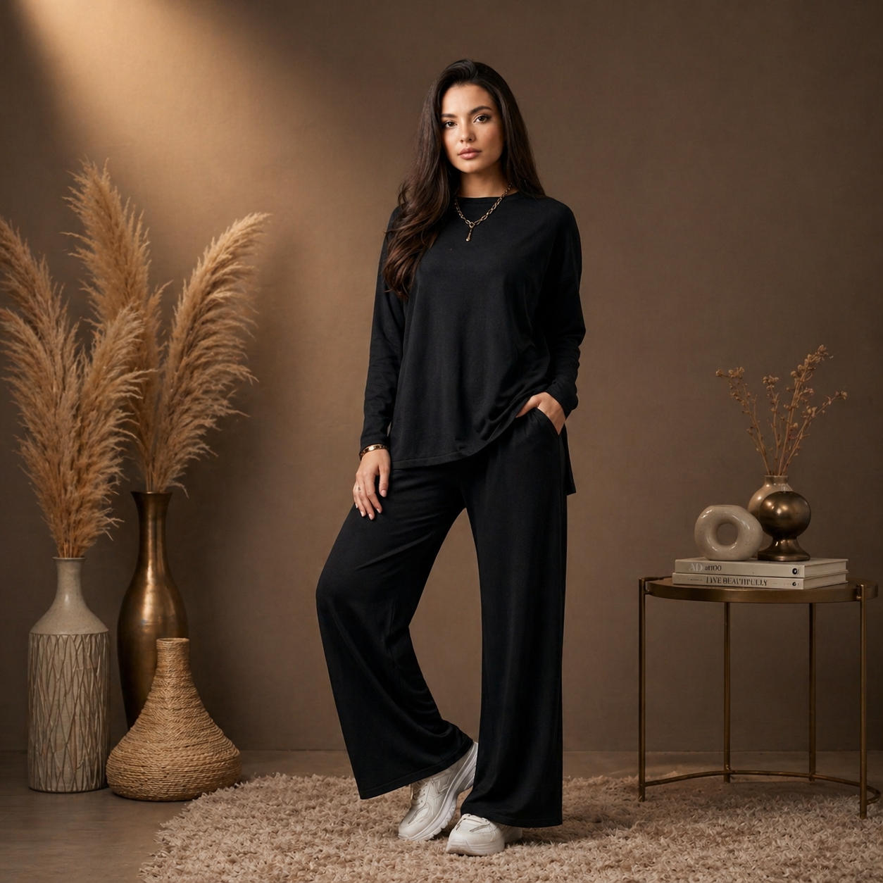 Women’s Black Oversized Wide-Leg Lounge Co-Ord Set