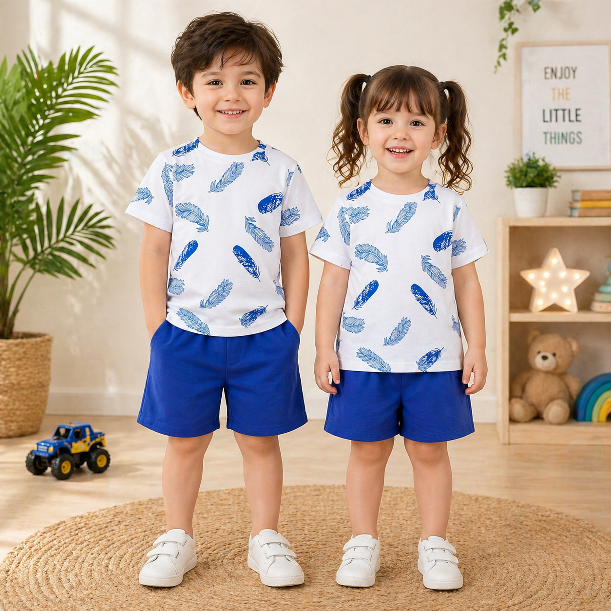 FEATHER PRINTED SHORT SLEEVE KIDS WEAR