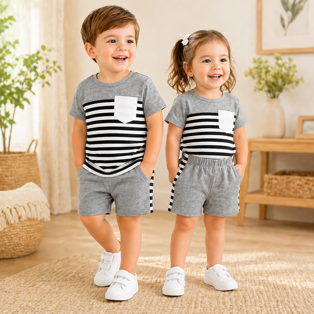 GREY AND WHITE PANEL  SHORTS SET
