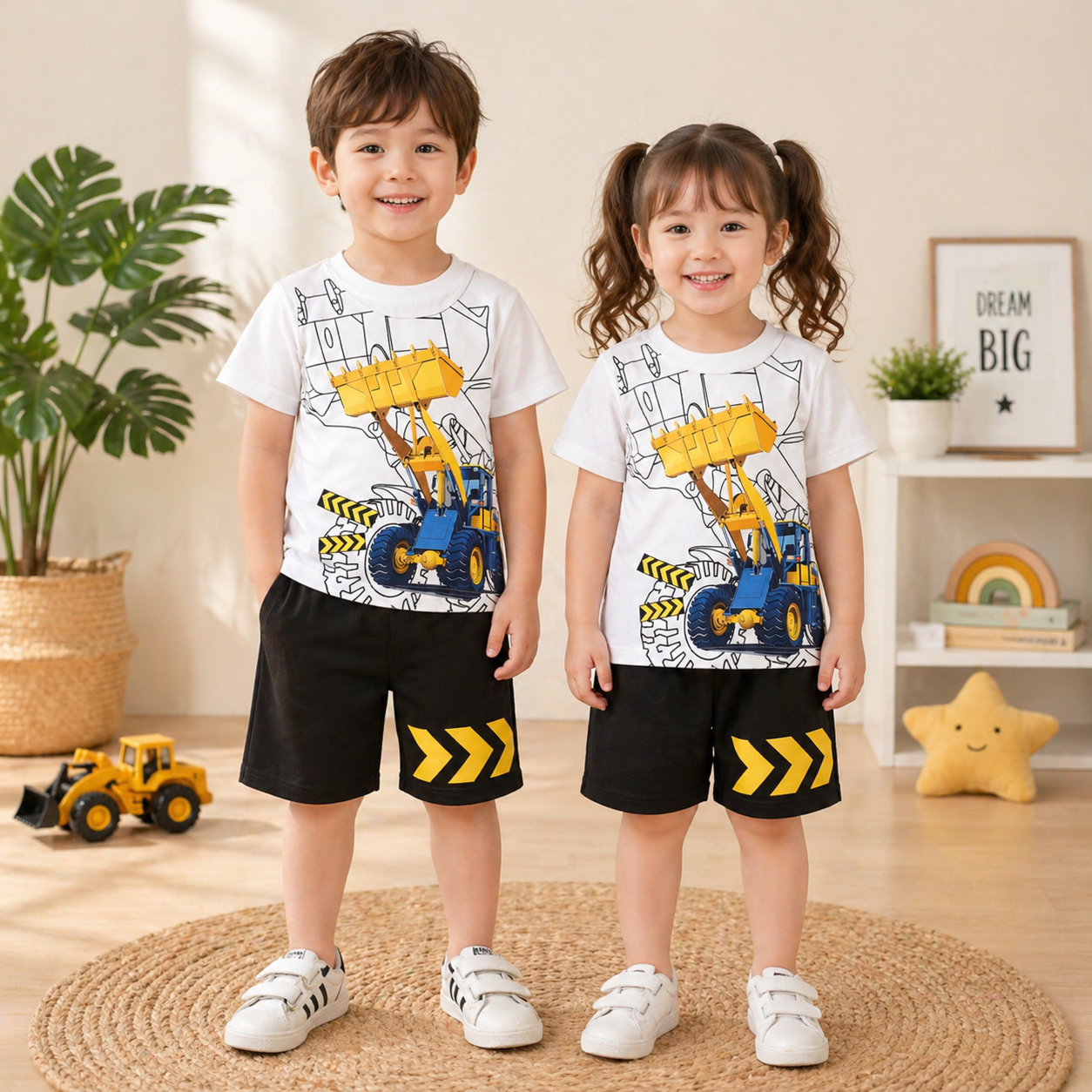 YELLOW EXCAVATOR PRINTED SHORT SLEEVE KIDS WEAR