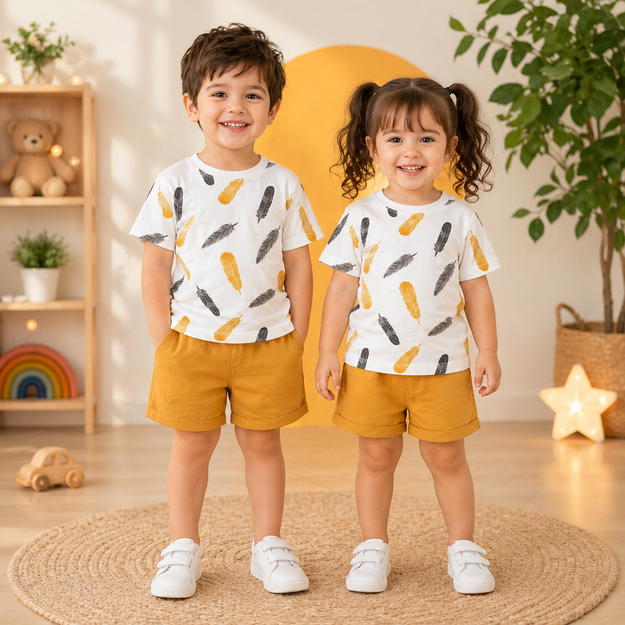 YELLOW MINI LEAF KIDS SHORT SLEEVE KIDS WEAR